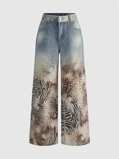 Grunge Punk Unisex Vintage Streetstyle Jeans mit weitem Bein und tiefer Taille in Leoparden-Muster