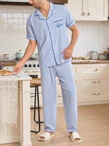 CoupledUp 泡泡褶皱条纹边饰开衫男士睡衣套装 - 藍白色 - 查看 4