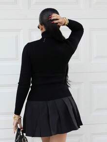 Melissa Matos High Neck Thermal Lined Slim Fit Long Sleeve Sweater, Warm Thermal Innerwear For Autumn/Winter Knit Pullover Fall Outfit - Black - View 2