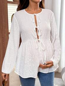 SHEIN 孕妇纯色前系带灯笼袖荷叶边下摆时尚上衣 - 白色 - 查看 6