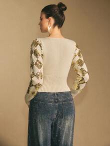 Poéselle Women's Sewater Sequin Knit Sweater – Sparkly Gold Check Slim-Fit Pullover For Womensequin Sweater Women Argyle Knit Top Sparkly Holiday Sweater Metallic Knitwear Festive Party Glitter Fashion Fashionable Commuter Beaded Slim Fit Knit Sweater Women's Winter Sweaters Winter Valentine's Day Christmas Party New Year Glitter Top Sparkly Top