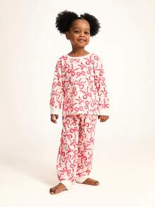 SUMWON Conjunto de pijama de niña con estampado de lazo navideño, de manga larga y cuello redondo, ropa de dormir para ocasiones casuales y vacaciones - Rosa - Ver 5