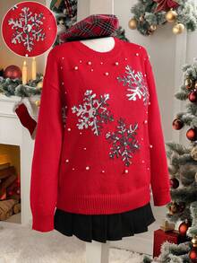 SHEIN LUNE Red Cute Holiday Christmas Women's Sweater,Autumn 3D Embroidered Sequin Snowflake Pearl Pullover,Loose Long Sleeve Round Neck Casual Festive Jumper - Red - View 3