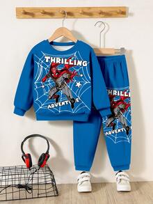 SHEIN Set de 2 piezas de sudadera y pantalones holgados con estampado de araña cómodos y cálidos para niños pequeños, adecuado para el verano - Multicolor - Ver 2