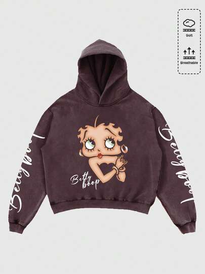 Betty Boop | ROMWE هودي رجالي فضفاض مطبوع بحروف وأرقام مغسول