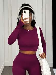 Slaydiva 1 Bộ đồ thể thao liền mạch màu trơn co giãn cao dành cho nữ, áo crop top và quần legging tập thể dục cho năm mới của Trung Quốc dành cho nữ, bộ đồ tập legging cho nữ - Màu Đỏ Sâu - Xem 7