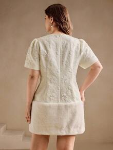 Anewsta Plus Size Solid Color 3D Floral Textured Jacquard Pearl Hem Patchwork Round Neck Dropped Shoulder Puff Sleeve A-Line Mini Dress