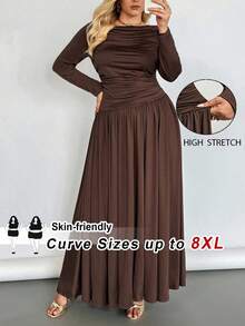 SHEIN CURVE+ 大码长裙，秋冬长袖连衣裙，弹力舒适连衣裙，优雅女士连衣裙，婚礼宾客连衣裙 - 棕色 - 查看 1
