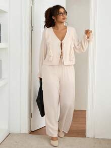 SHEIN Frenchy Áo sơ mi dài tay hở trước cỡ lớn dành cho nữ, bộ 2 món, màu mơ - Màu be - Xem 4