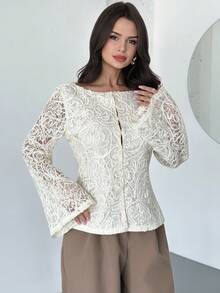 Firerie 女士优雅精致浪漫约会通勤新款纹理面料长袖杏色衬衫，秋冬款 - 杏色 - 查看 4