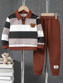 2pcs Young BoyFashion Striped Bear Print Polo Shirt And Casual Elastic Waist Pants Set, Spring/Autumn