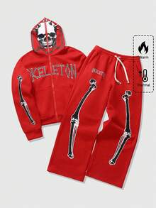 ROMWE MEN Street Life Men's Hooded Sweatsuit, Skeleton Graphic Print Street Style Hoodie Set, Autumn/Winter - Red - View 6