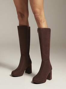 SHUZIA Women's Glamorous Comfortable Square Toe Faux Suede Platform Knee-High Boots With Inner Zipper - Chocolate Brown - View 2
