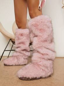 SHUZIA Women's Faux Fur Furry Fluffy Round Toe Over The Knee Winter Boots For Christmas - Pink - View 6