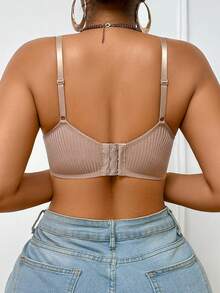 Desiresculpt Women Solid Color Bow Tie Instantlift Bra Lingerie Basic Casual Steel Ring Ribbed Underwire Push Up T-Shirt Bra - Khaki - View 2