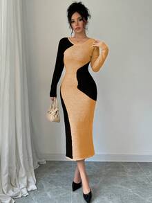 Elenzga Đầm dệt kim dáng ôm cổ tròn tay dài phối màu thanh lịch dành cho nữ - Màu vàng - Xem 5