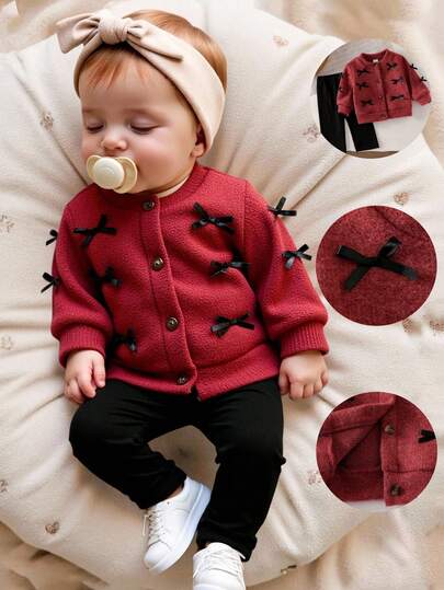 SHEIN Newborn Casual Autumn/Winter Fashion Knitted Bow Jacket And Solid Color Pants Set