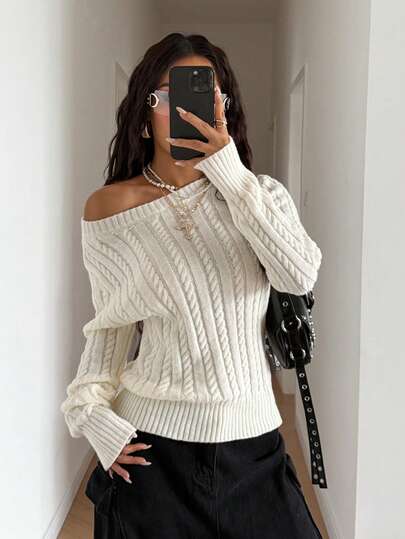 SHEIN PETITE Women's Solid Color Casual Twist Loose Fit Long Sleeve Sweater Top, Autumn/Winter