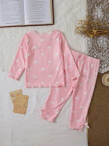 SHEIN Áo thun và quần in hình trái tim trang trí nơ cho bé gái trang phục thường ngày - Hồng - Xem 2