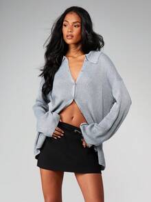 MISSGUIDED 宽松罗纹针织纽扣开襟毛衣，长袖，适合秋冬季叠穿 - 灰色 - 查看 1