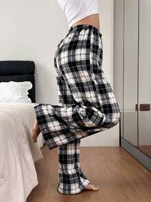 Dream Adore Women's Casual Cozy Black & White Plaid Pajama Pants, Christmas Fluffy Winter Sleep Bottom - Black - View 2