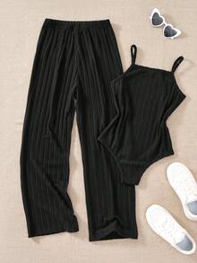 小众设计复古酷炫时尚休闲百搭修身针织吊带背心和阔腿裤套装 - 黑色 - 查看 2