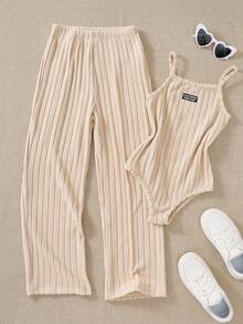 Conjunto de camiseta de punto ajustada y pantalones de pierna ancha de moda casual y versátil con diseño de nicho retro y elegante - Caqui - Ver 3