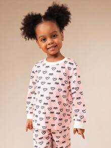 SUMWON Conjunto de Pijama de Manga Longa para Meninas com Estampa de Corações e Cílios para Sleepwear e Uso Casual e de Férias - Multicolorido - Visão 3