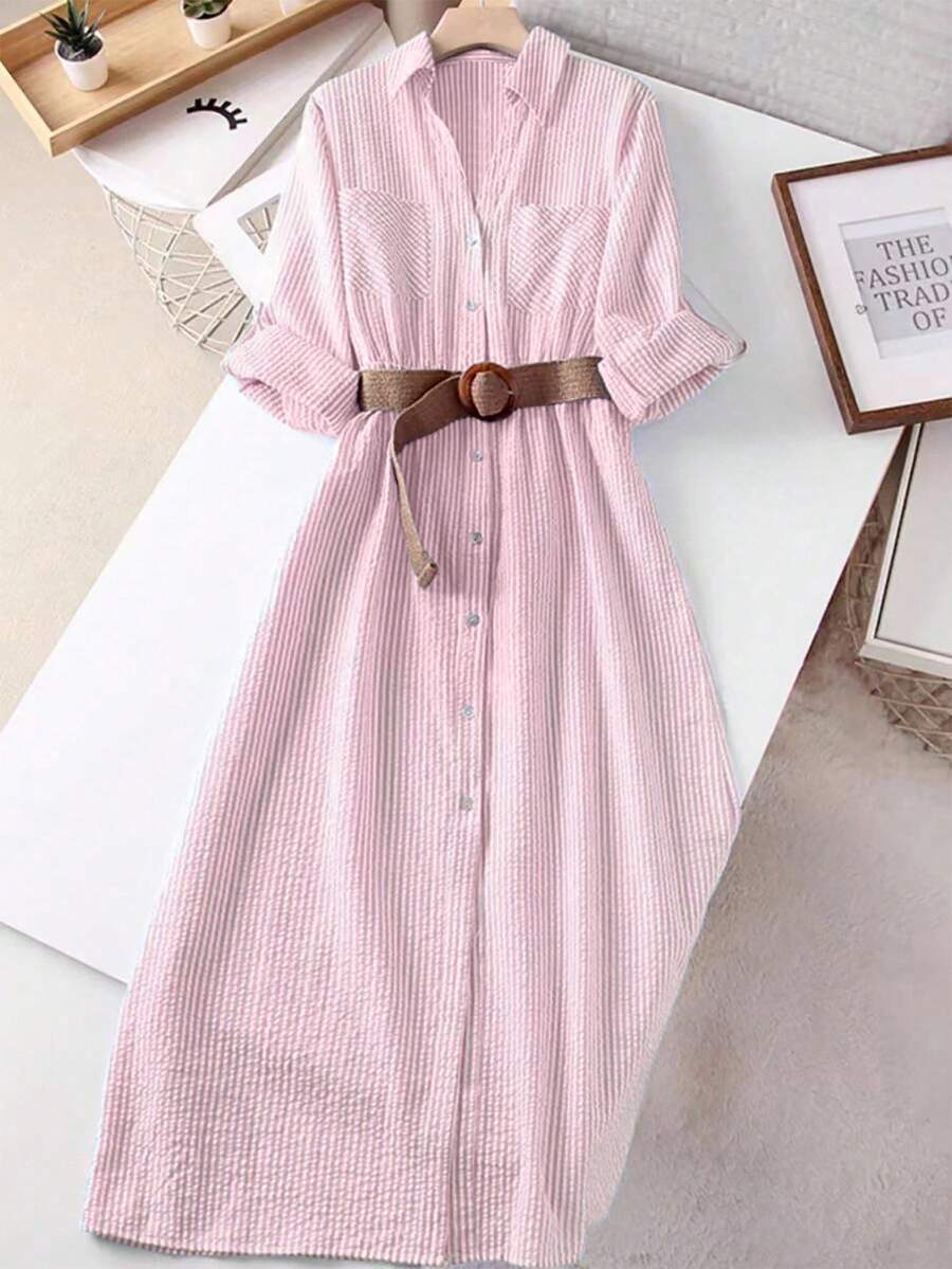 Franclia 女士休闲条纹前开襟纽扣口袋连衣裙，秋季款 - 淺粉色 - 查看 1