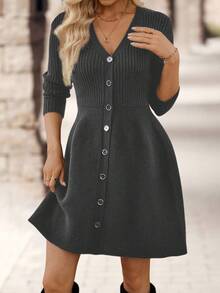 EMERY ROSE 女士休闲纯色V领毛衣连衣裙，秋冬季 - 深灰色 - 查看 4