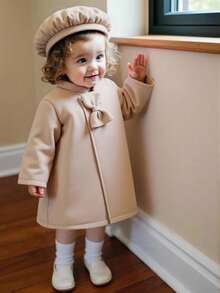 SHEIN Elladie kids 女婴优雅简约蝴蝶结外套和帽子套装，秋冬款