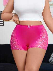 SHEIN 1pc Plus Size Women Charming Butterfly Lace Patchwork Seamless Briefs - Hot Pink - View 9
