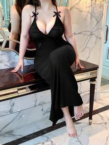 Flirla 加大码性感紧身连衣裙，V领，蕾丝拼接，蝴蝶结装饰，蝙蝠袖，修身收腰 - 黑色 - 查看 5