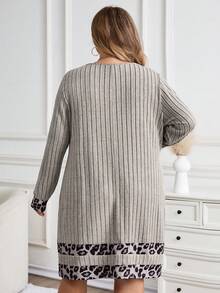 SHEIN CURVE+ Plus Size Women Knitted Ribbed Plush Patchwork Leopard Print Casual Dress, Autumn/Winter - Grey - View 2