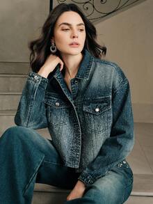 Anewsta Women's Long Sleeve Single-Breasted Casual Loose Fashion Rhinestone Denim Jacket - Blue - View 1