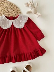 新生女宝宝可爱优雅红色彼得潘领长袖连衣裙