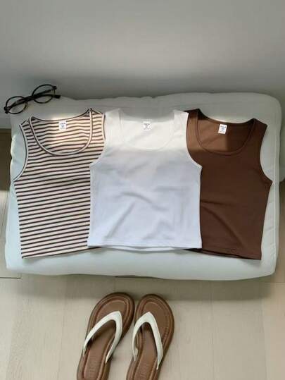 3pcs Tween Girl All-Match Striped Tank Top Set, Casual & Versatile
