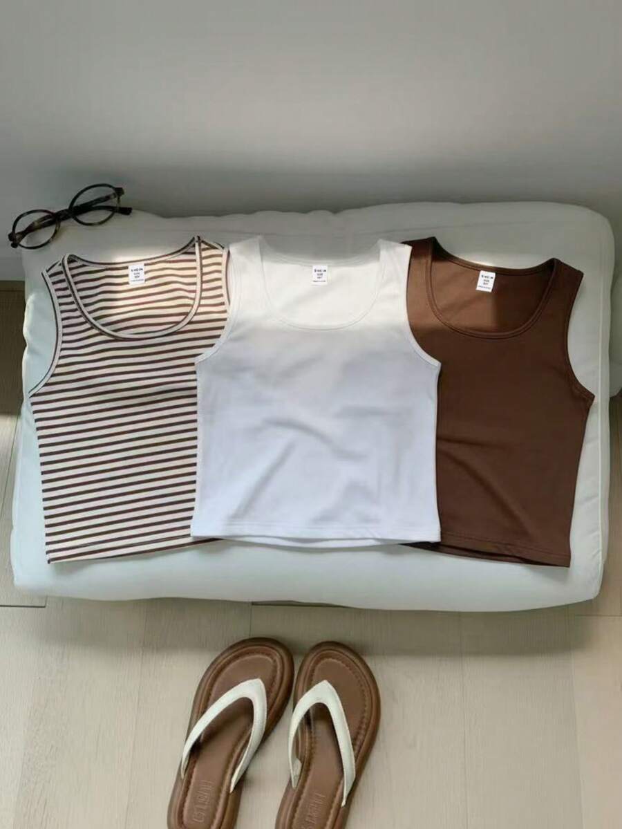 3pcs Tween Girl All-Match Striped Tank Top Set, Casual & Versatile - Multicolor - View 1