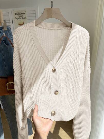 Comfortcana Plus Size Casual Solid Color Front Button Drop Shoulder Ribbed Knit Sweater, Autumn/Winter