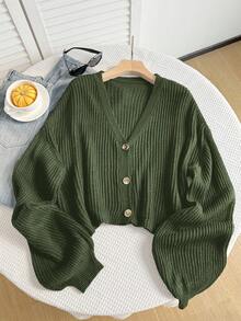 SHEIN EZwear Olive Green Plus Size Women Casual Drop Shoulder Long Sleeve Sweater, Autumn/Winter - Army Green - View 3