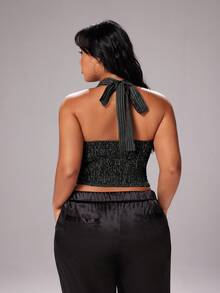 Rustia 女士吊带条纹拉链系带背心，适合日常穿着、夏季穿着，性感百变，Y2K风格，街头风，通勤族必备。 - 黑色 - 查看 2