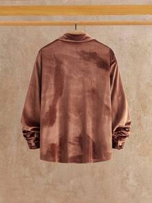 Manfinity NXTstreet 男士休闲百搭纯色丝绒衬衫，秋季红白配色，长袖上衣 - 棕色 - 查看 10