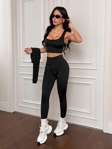 SHEIN PETITE 女士运动套装三件套，罗纹高领半拉链长袖T恤，运动文胸吊带背心，高腰紧身裤，女士运动套装，黑色紧身裤，黑色束身胸衣，背带裤 - 黑色 - 查看 4