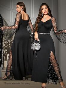 Gownix 大码女士优雅派对连衣裙，甜心领口透视网纱亮片流苏喇叭袖褶皱腰身连衣裙 - 黑色 - 查看 4