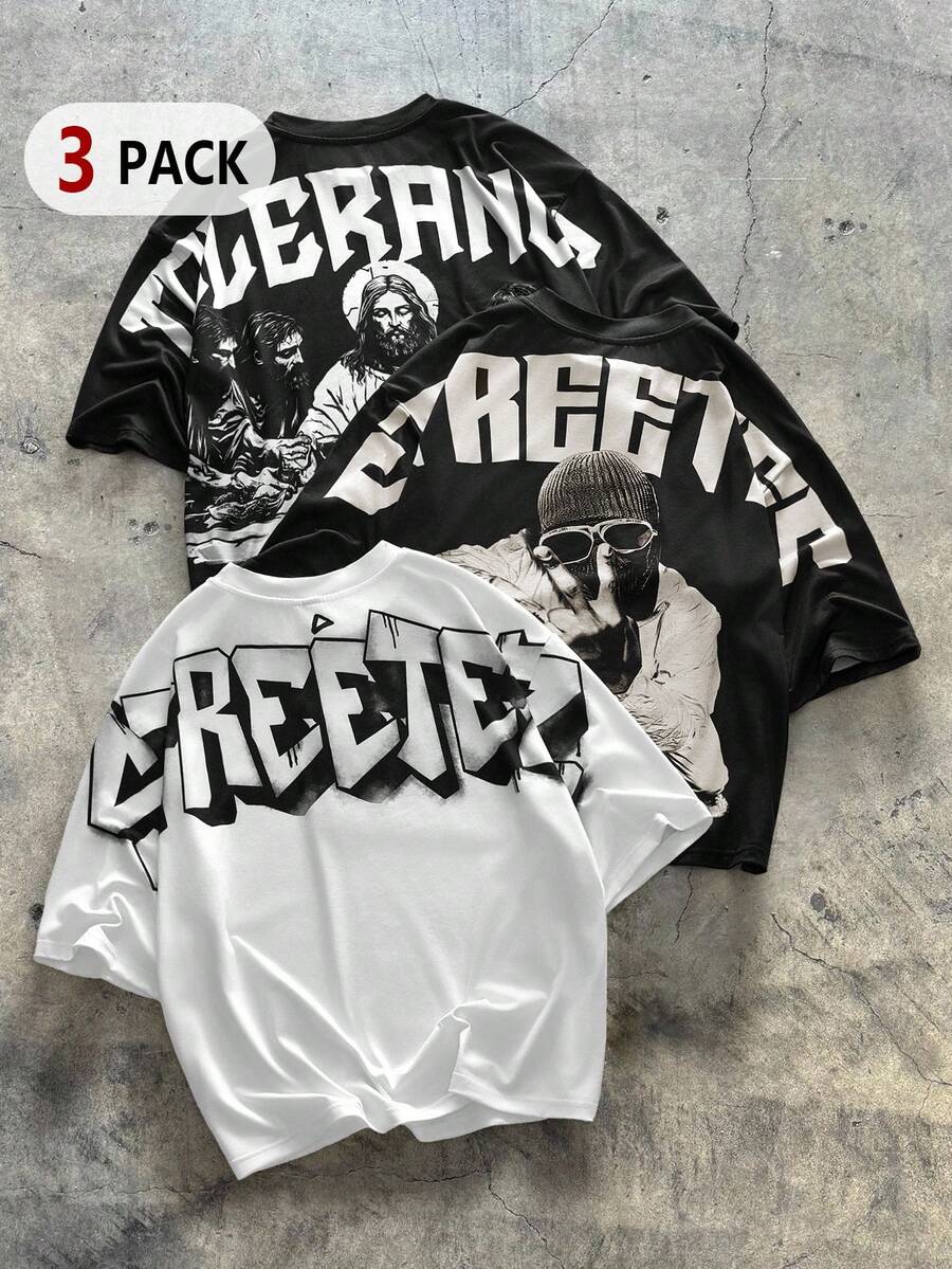 AXEPEAK 夏季大码男士休闲人物和字母印花T恤