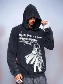 ROMWE MEN Black Jack X ROMWE Felpa con cappuccio da uomo con grafica retrò anime, adatta per autunno/inverno, top a maniche lunghe - nero - Visualizzare 7