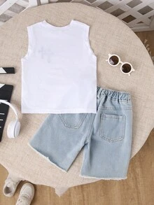 男童休闲舒适百搭无袖上衣和牛仔短裤套装