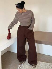 Dazy Plus Plus Size Women Casual Loose Waist Solid Color Long Straight Leg Jeans, All Season - Brown - View 7