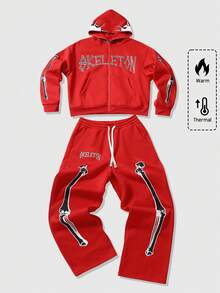 ROMWE MEN Street Life Men's Hooded Sweatsuit, Skeleton Graphic Print Street Style Hoodie Set, Autumn/Winter - Red - View 5