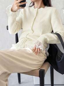 FRIFUL Women's Round Neck Loose Hem & Cuff Lace Patchwork Drawstring Solid Color Casual Cardigan - Beige - View 3